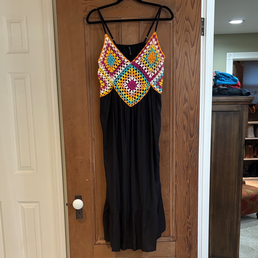 Raviya Black Maxi Dress with Colorful Crochet Detail Size XL
